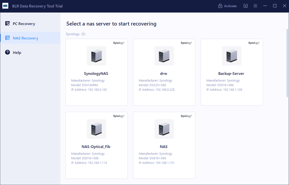 screenshot of BLR NAS Data Recovery Software